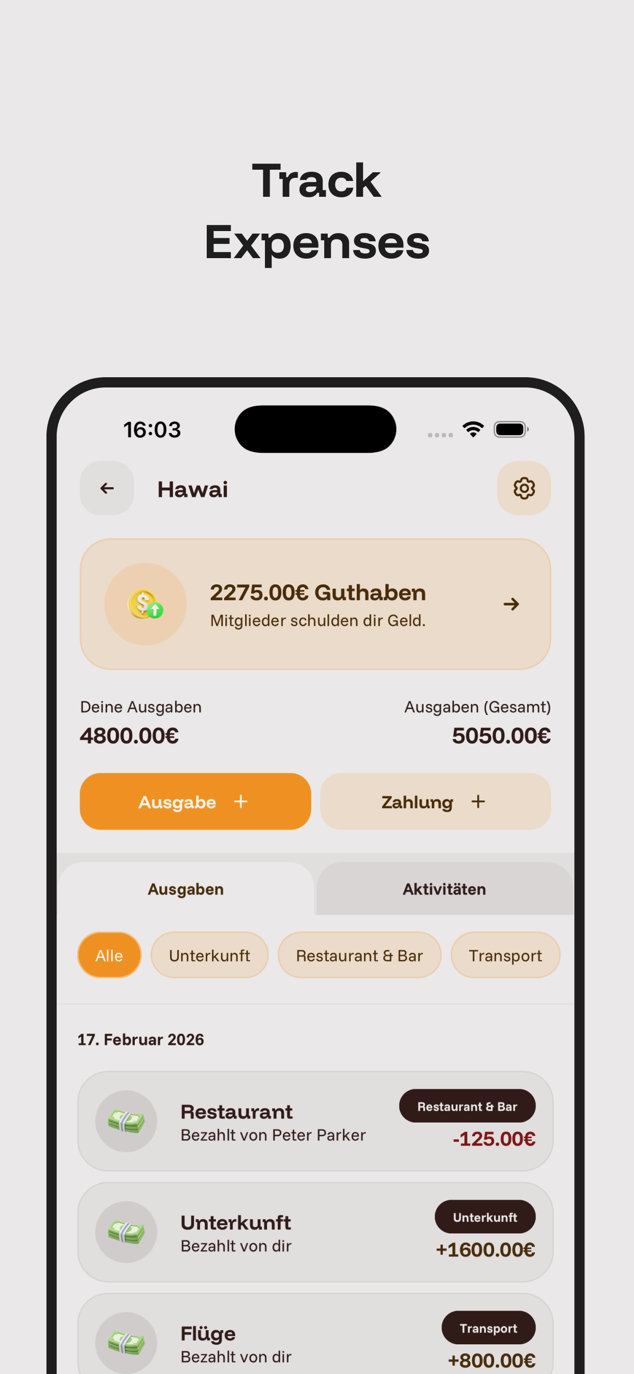 Friends list with individual balances and shared expenses